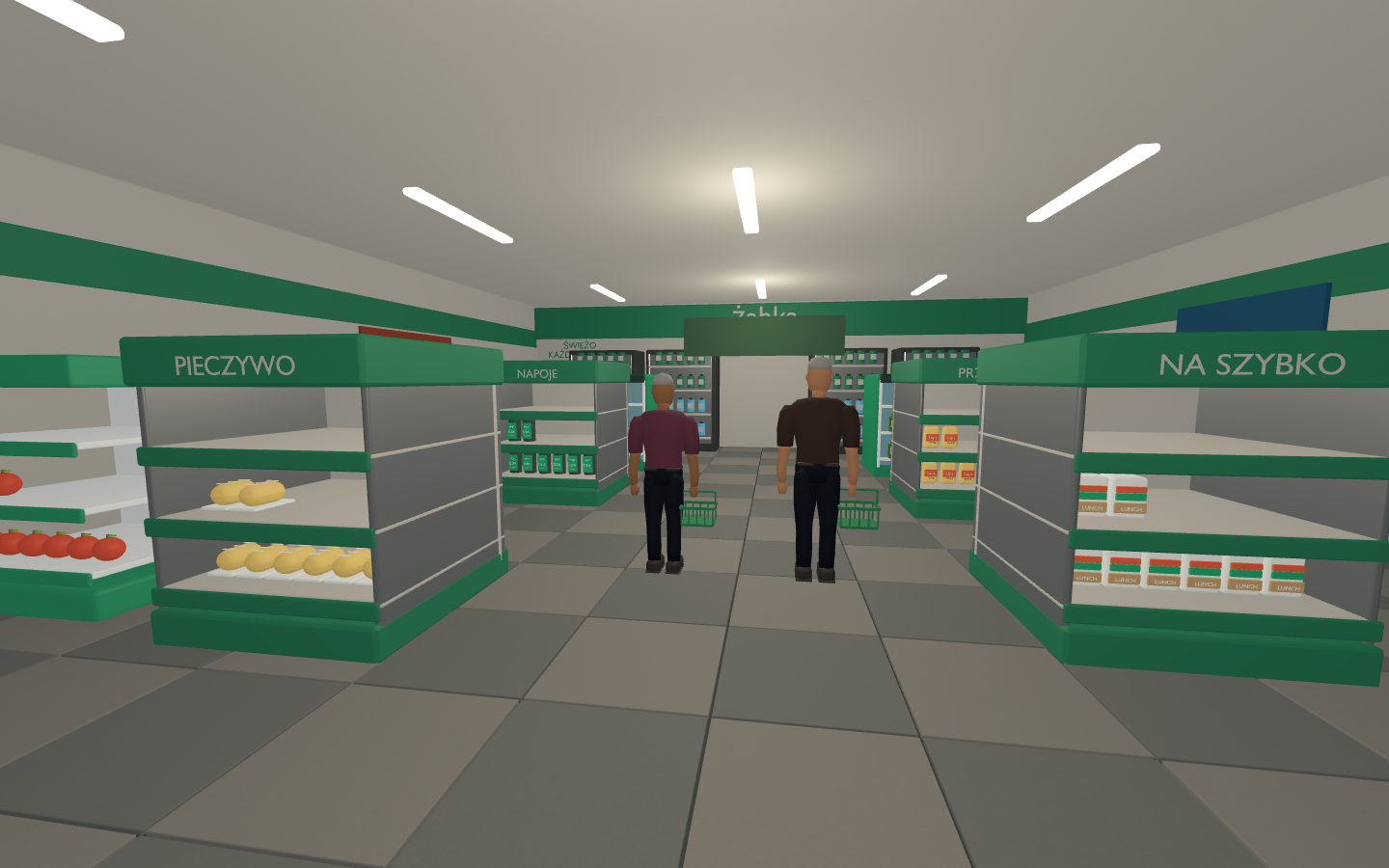 Wnętrze sklepu w grze: klienci między zielonymi regałami z produktami